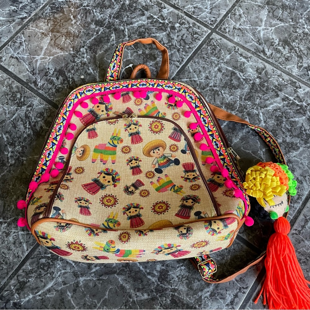Colorful Embroidered Backpack with Pom Poms